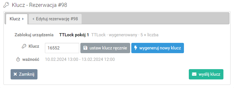 Ustawiono nowy klucz dla rezerwacji 