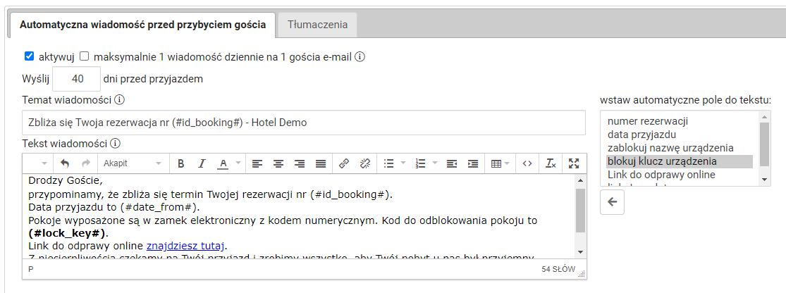Ustawienia wiadomości z wysłanym kluczem gościa