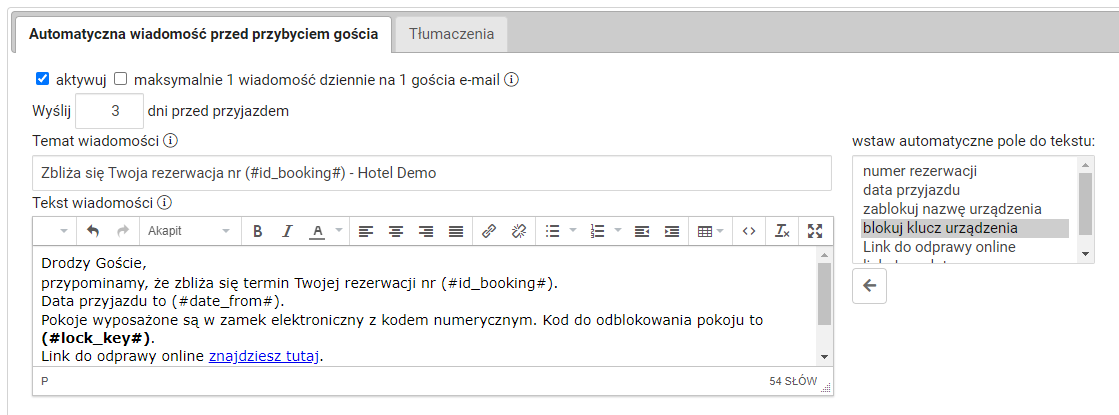 Raport płatności rezerwacji z klucz wysłany